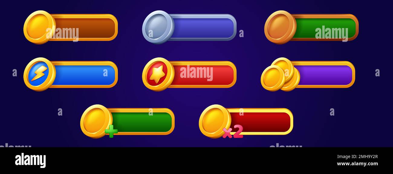 Game bars with gold coins, star, power symbol, plus and x2. Game UI