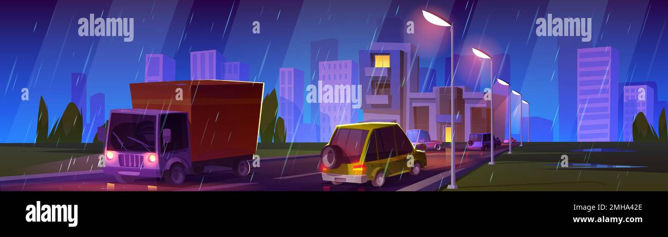 Night city traffic in rainy weather. Vector cartoon illustration of ...