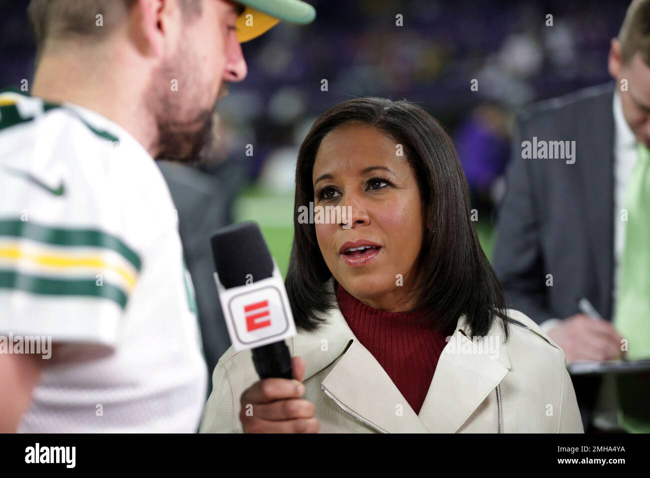 ESPN reporter Lisa Salters interviews game winning kicker, New Orleans  Saints kicker Wil Lutz (3) after an NFL football game against the Houston  Texans in New Orleans, Monday, Sept. 9, 2019. The