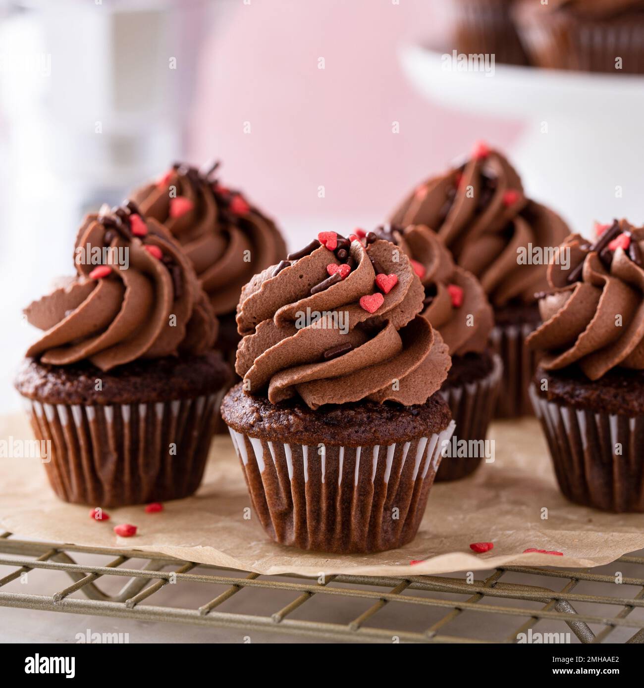 Dark chocolate cupcakes with chocolate ganache frosting Stock Photo Alamy
