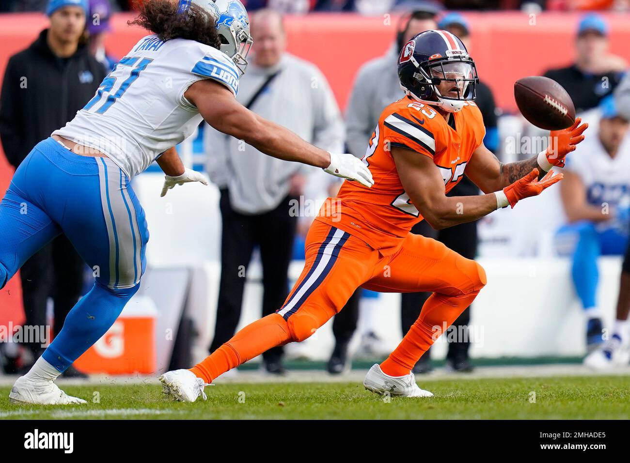 Denver Broncos Running Back Devontae Booker (23) Pulls In A Catch As ...