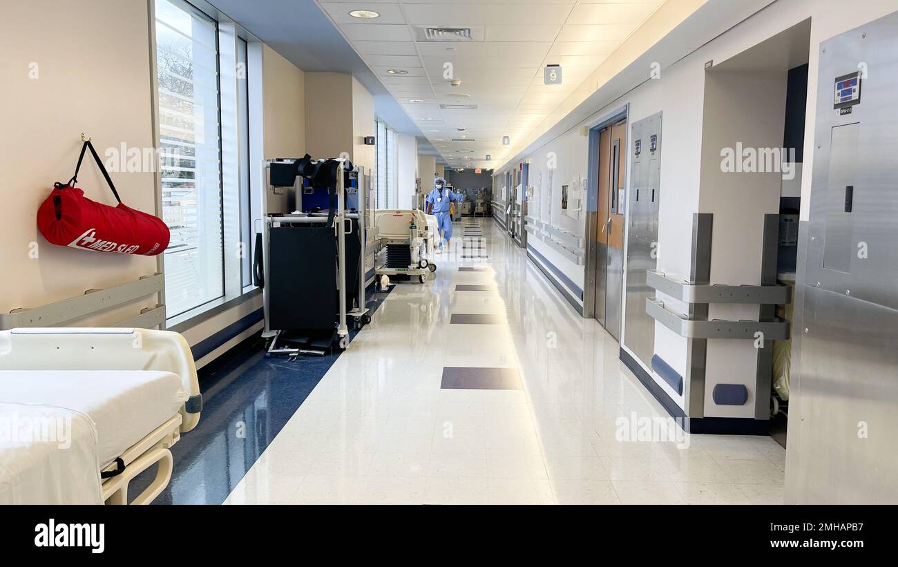 Hospital Setting operating room hallway hospital bed and machines Stock