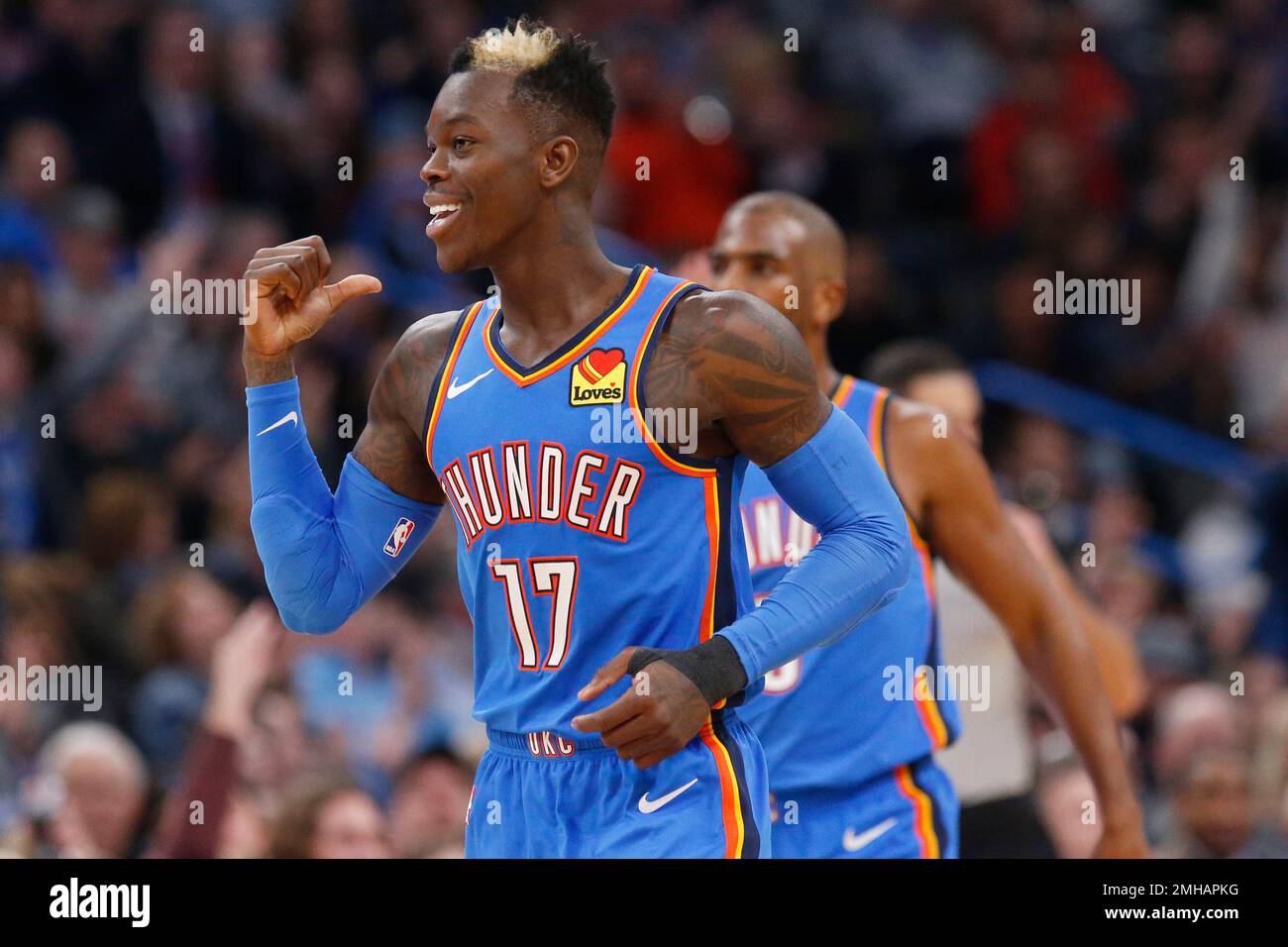 Oklahoma City Thunder guard Dennis Schroeder (17) celebrates after a basket  in the second half of the team's NBA basketball game against the Phoenix  Suns on Friday, Dec. 20, 2019, in Oklahoma