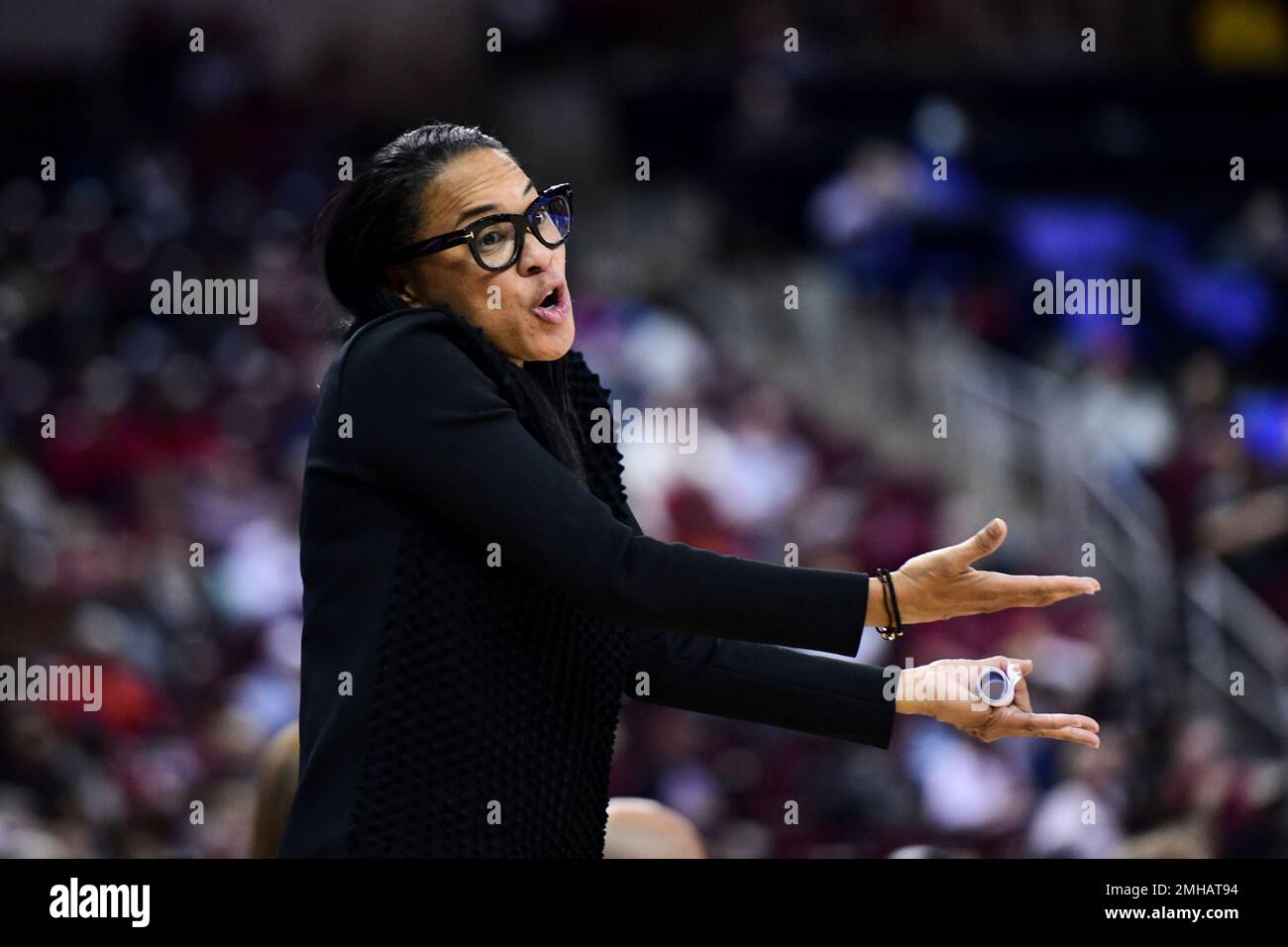 Head coach Dawn Staley of the South Carolina Gamecocks reacts in the