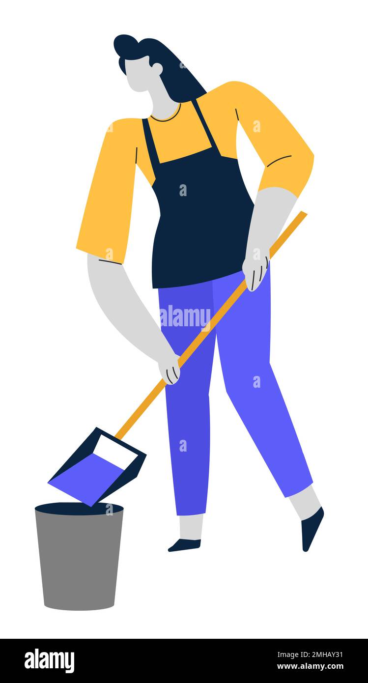Cleaning service, woman with scoop and bucket, sweeping floor Stock
