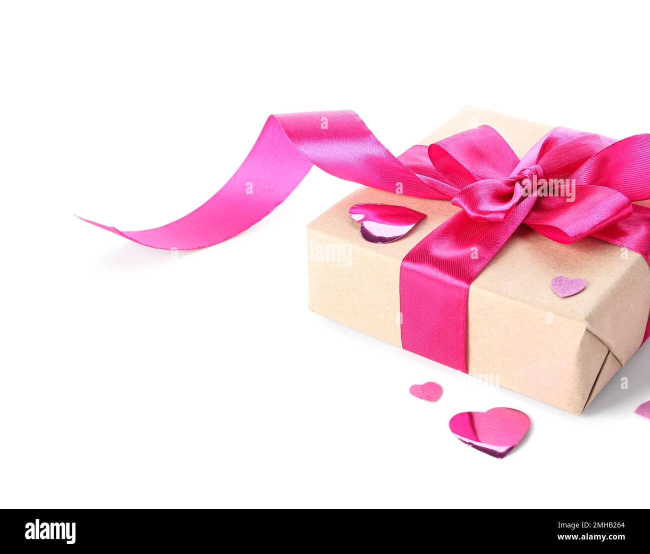 Gift box with pink bow and hearts for Valentine's Day on white ...