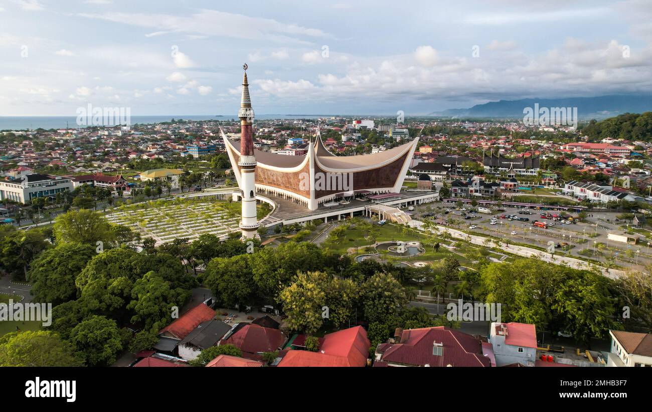 Aerial view of The Great Mosque of West Sumatera, the biggest mosque in West Sumatera. with a unique design that inspired by traditional house of West Stock Photo