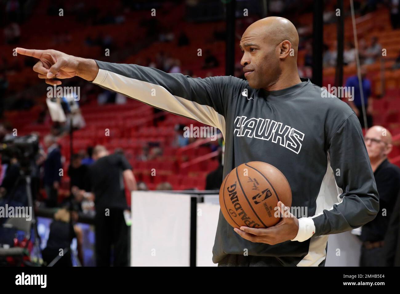 Atlanta Hawks guard Vince Carter smiles during the second half of an NBA  basketball game against the Miami Heat, Tuesday, Dec. 10, 2019, in Miami.  The Heat won 135-121 in overtime. (AP