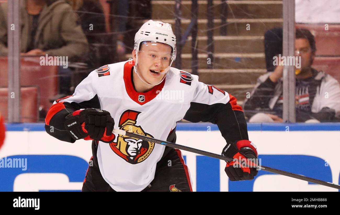 Ottawa Senators left wing Brady Tkachuk skates during the first period ...