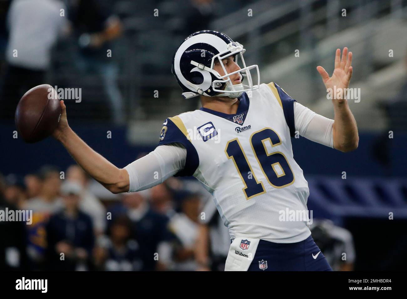 Los Angeles Rams quarterback Jared Goff (16) warms up before an