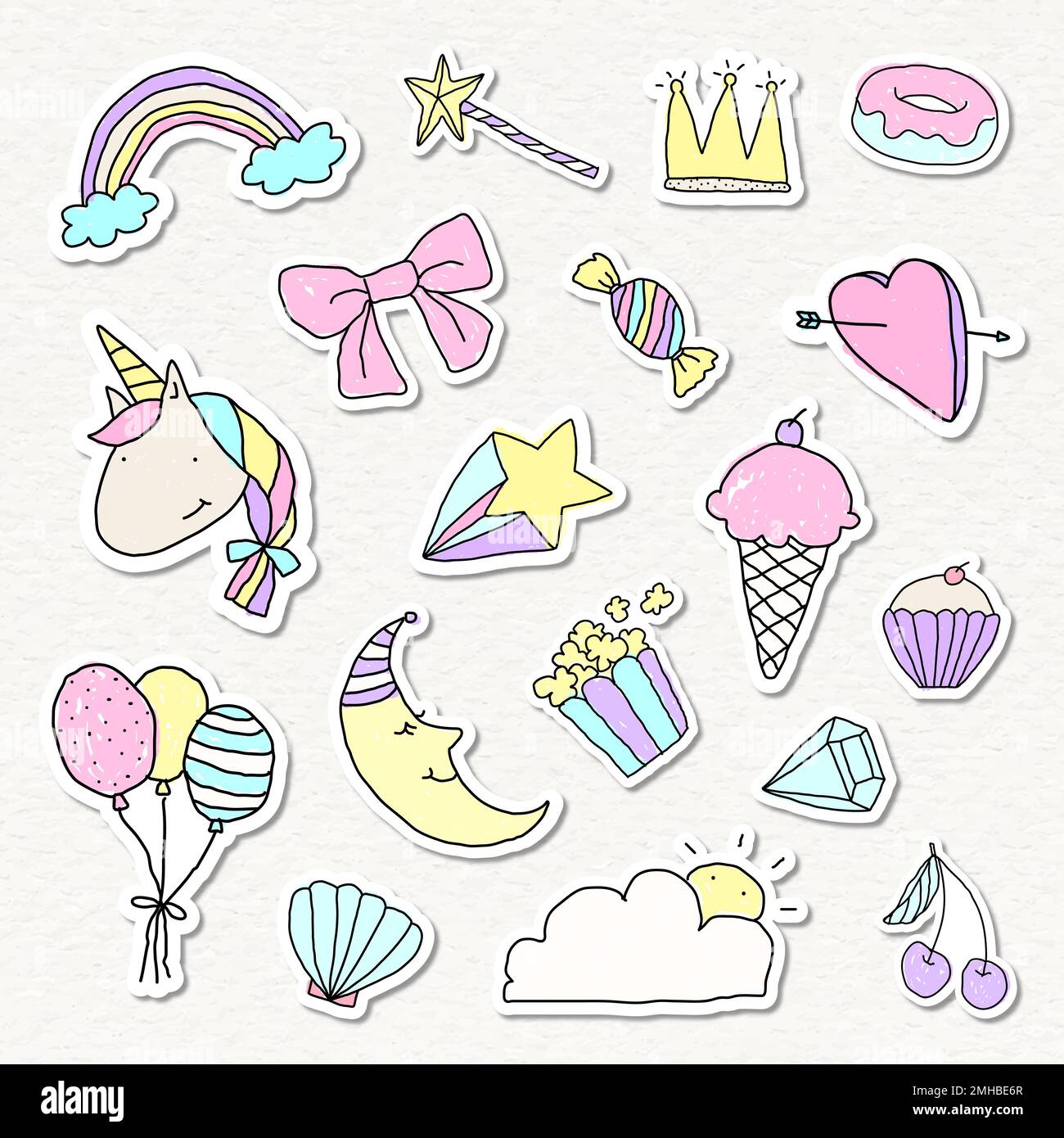 Cute pastel doodle journal sticker with a white border set on a beige background vector Stock