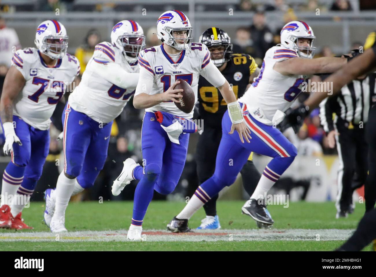 Pittsbugh, United States. 15th Dec, 2019. Buffalo Bills quarterback Josh  Allen (17) runs pass Pittsburgh Steelers outside linebacker T.J. Watt (90)  and scores a touchdown in the second quarter at Heinz Field