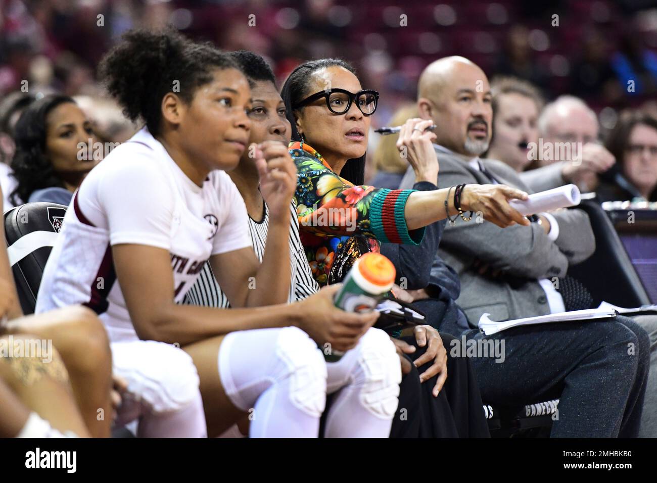 South Carolina head coach Dawn Staley communicates with players during ...