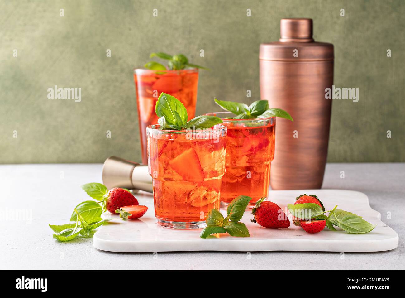 Strawberry basil cocktail or mocktail, refreshing summer drink Stock Photo