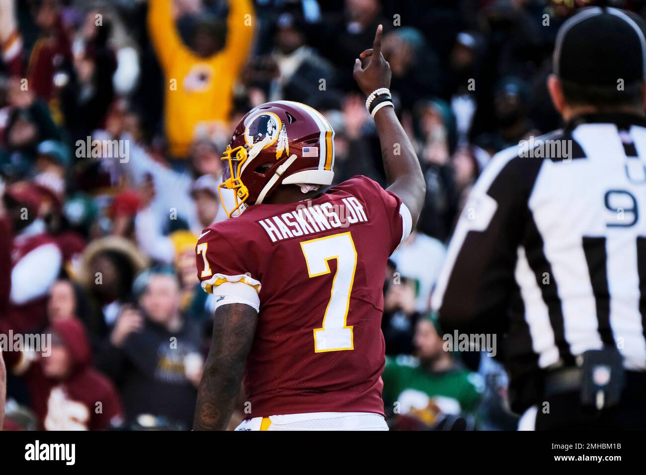 Washington Redskins quarterback Dwayne Haskins celebrates a touchdown pass  during an NFL football game against the New York Jets, Sunday, Nov. 17,  2019, in Landover, Md. (AP Photo/Mark Tenally Stock Photo - Alamy