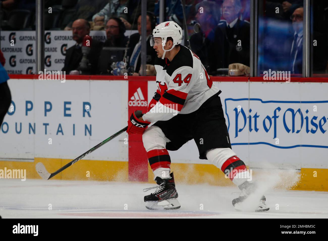 New Jersey Devils left wing Miles Wood (44) in the second period of an NHL  hockey game Friday, Dec. 13, 2019, in Denver. (AP Photo/David Zalubowski  Stock Photo - Alamy