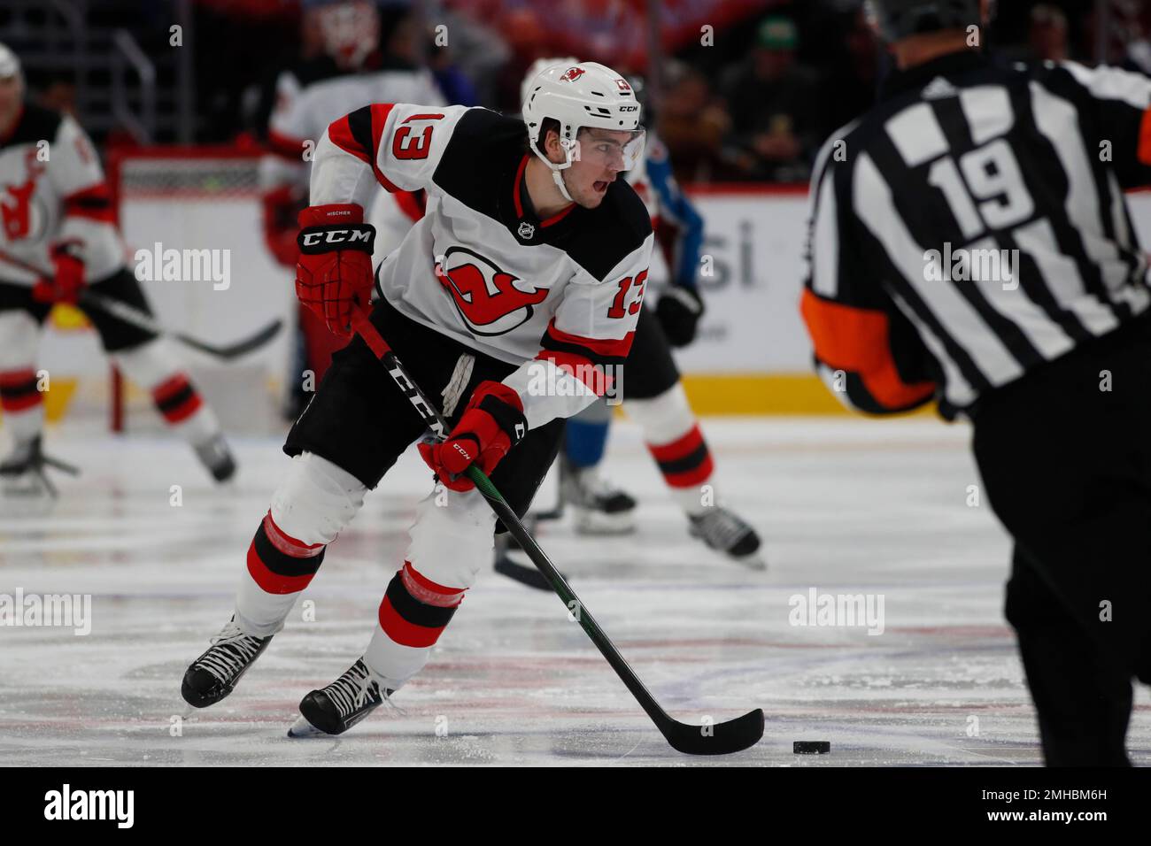 New Jersey Devils center Nico Hischier (13) in the second period of an NHL  hockey game Wednesday, March 1, 2023, in Denver. (AP Photo/David Zalubowski  Stock Photo - Alamy