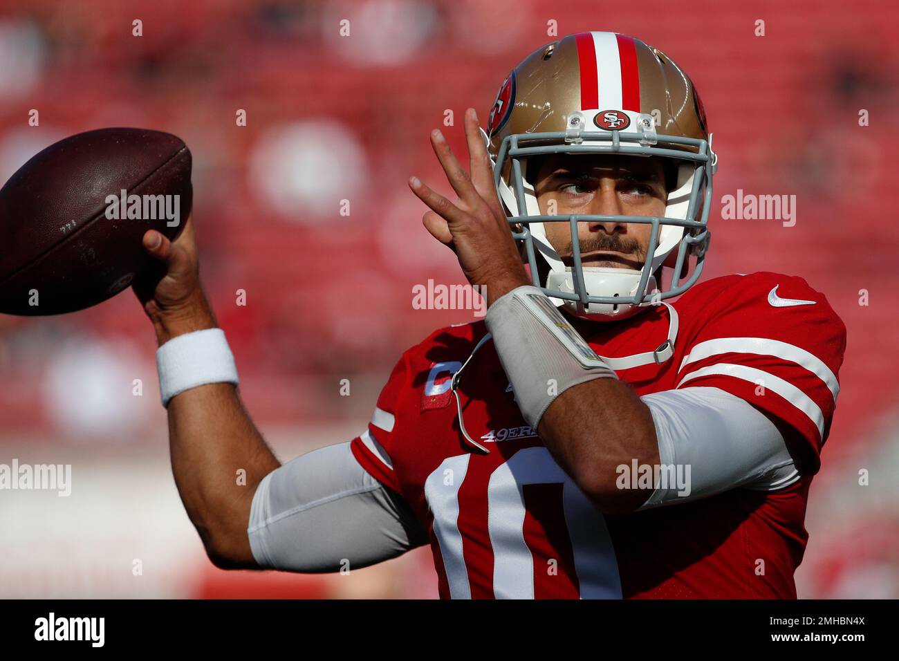 San Francisco 49ers quarterback Jimmy Garoppolo (10) warms up