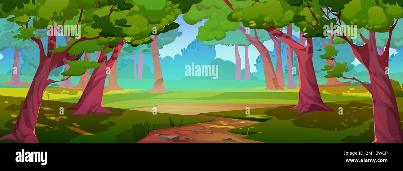 Sunny summer forest, park nature landscape. Cartoon wood background with green grass under trees, empty brown sandy path. Vector illustration Stock Vector