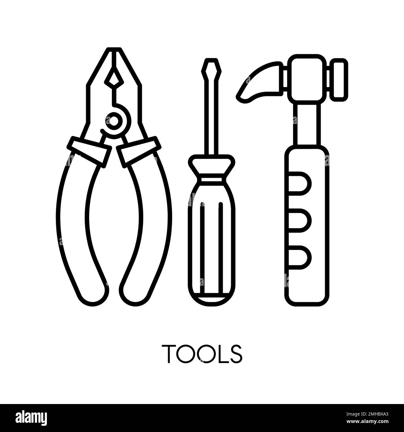 Tools, pliers and hammer, screwdriver isolated outline icon Stock