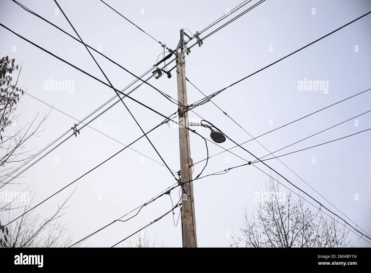 Electricity cables and lines on the streets fuse box electric Stock
