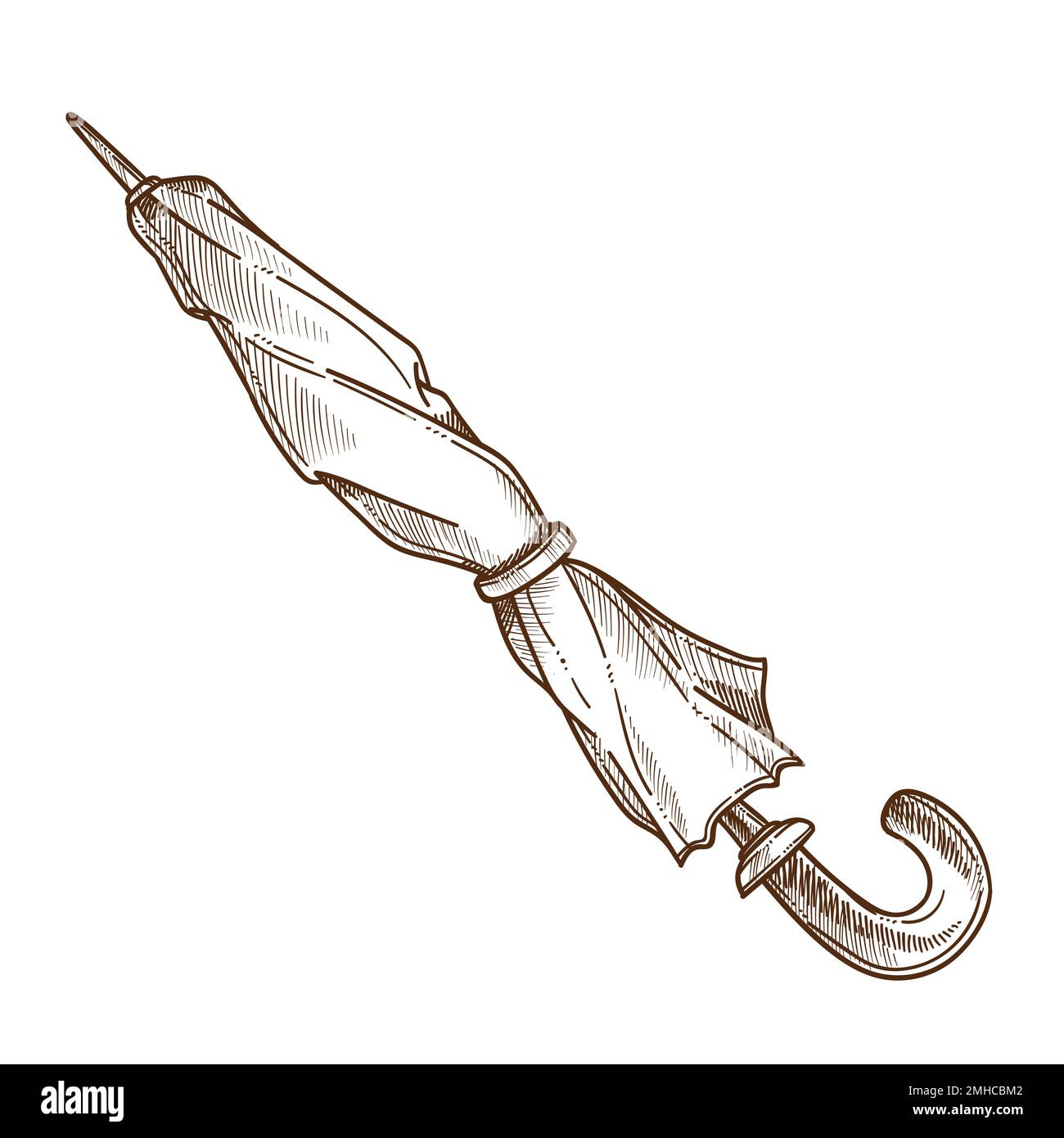 Rain protection, closed umbrella isolated sketch, vintage accessory