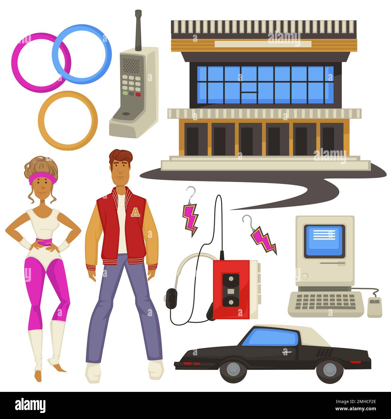 1980s style fashion and technologies, epoch symbols, man and woman Stock Vector