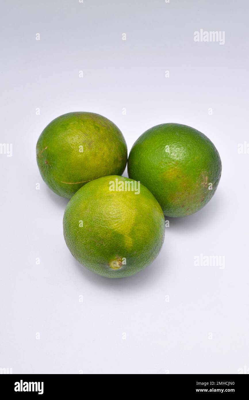 three limes isolated on a white background. used enough light with studio shot Stock Photo