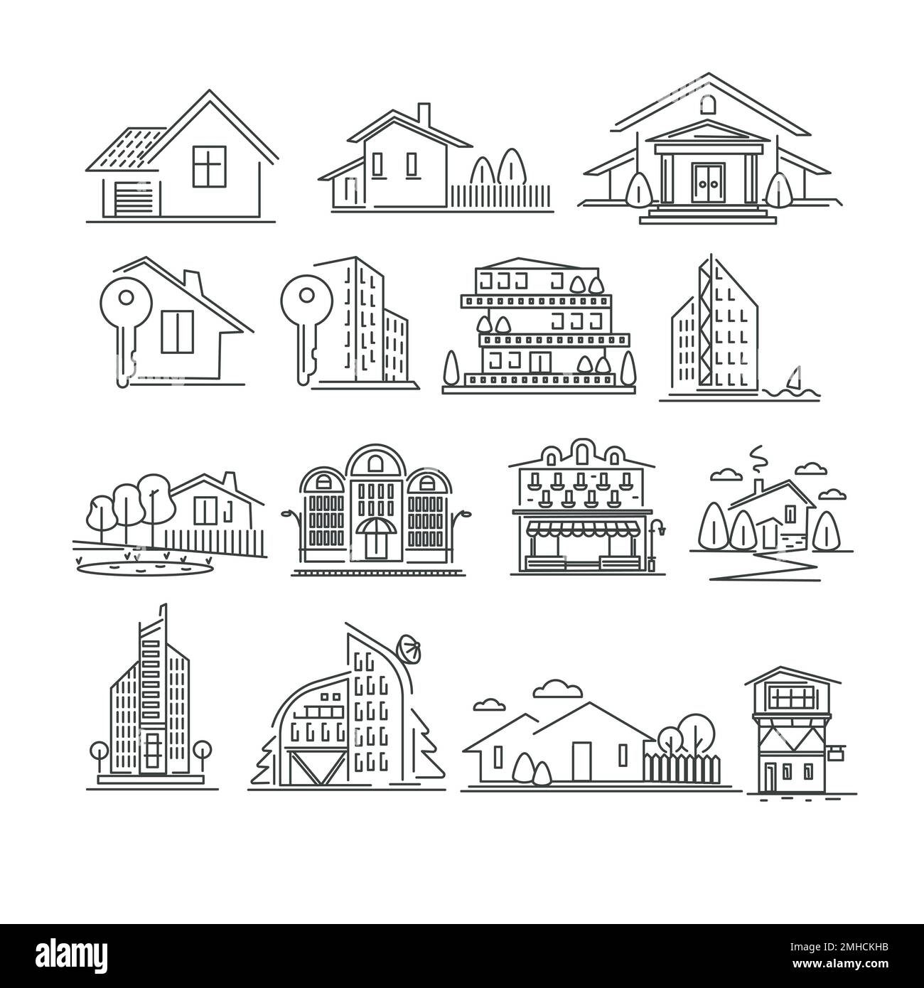 Buildings or real estate isolated outline icons, houses and apartments ...