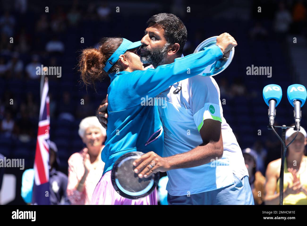 Melbourne, Australia. 27th Jan, 2023. Luisa Stefani and Rafael Matos of Brazil defeat Sania Mirza and Rohan Bopanna of India 7-6 6-2 in the Mixed Doubles Final match, Day 12 at the Australian Open Tennis 2023 at Rod Laver Arena, Melbourne, Australia on 27 January 2023. Photo by Peter Dovgan. Editorial use only, license required for commercial use. No use in betting, games or a single club/league/player publications. Credit: UK Sports Pics Ltd/Alamy Live News Stock Photo