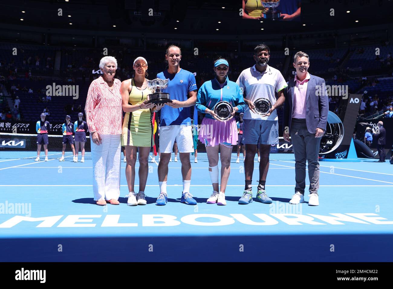 Melbourne, Australia. 27th Jan, 2023. Luisa Stefani and Rafael Matos of Brazil and Sania Mirza and Rohan Bopanna of Indi show their trophies in the Mixed Doubles Final match, Day 12 at the Australian Open Tennis 2023 at Rod Laver Arena, Melbourne, Australia on 27 January 2023. Photo by Peter Dovgan. Editorial use only, license required for commercial use. No use in betting, games or a single club/league/player publications. Credit: UK Sports Pics Ltd/Alamy Live News Stock Photo