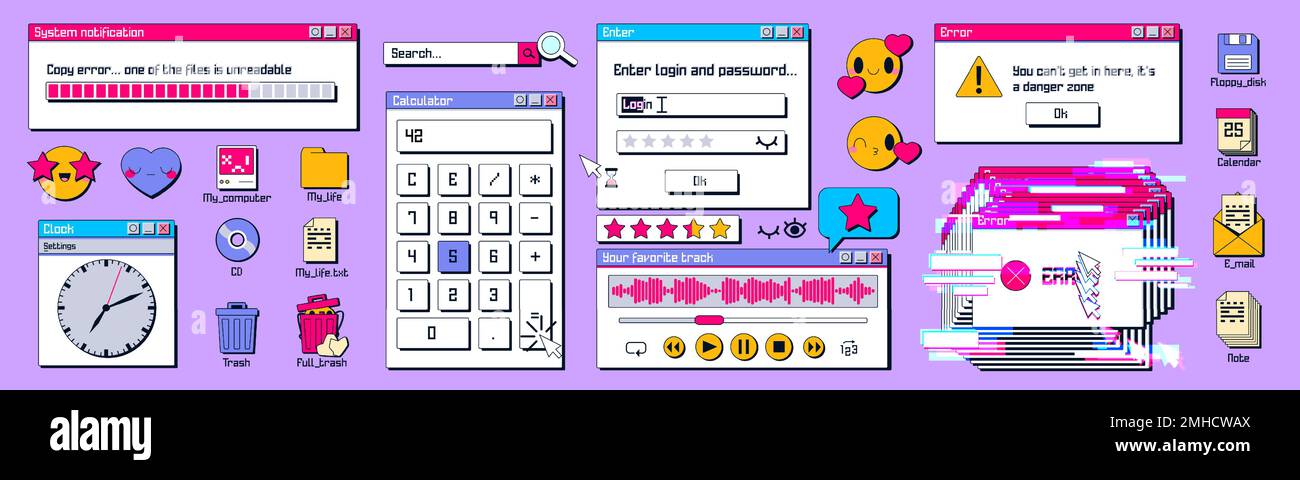 Old computer windows and icons set isolated on background. Vector illustration of retro 80s 90s pc user interface elements. Calculator, login, system error notification, emoji, thumbnails and files Stock Vector