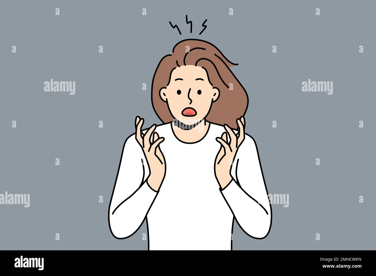 Stunned young woman feeling shocked and scared with unexpected news or message. Shocked girl terrified or astonished show emotions. Vector illustration.  Stock Vector