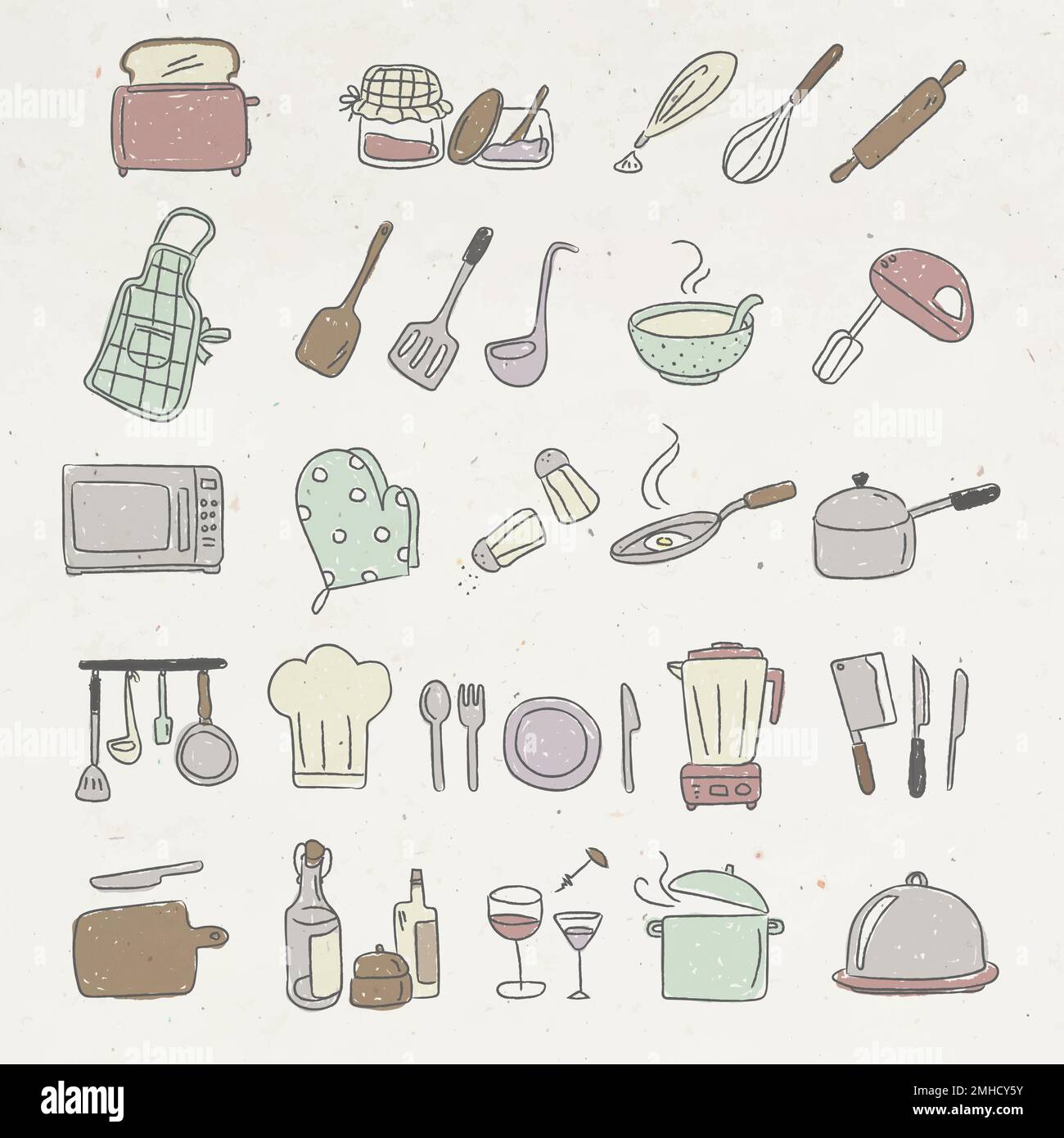 Cute kitchen utensils doodle sticker set vector Stock Vector Image