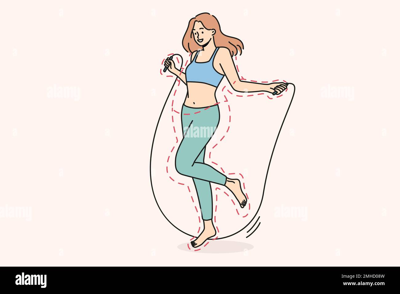 Smiling young woman jumping on jump rope losing weight. Happy toned