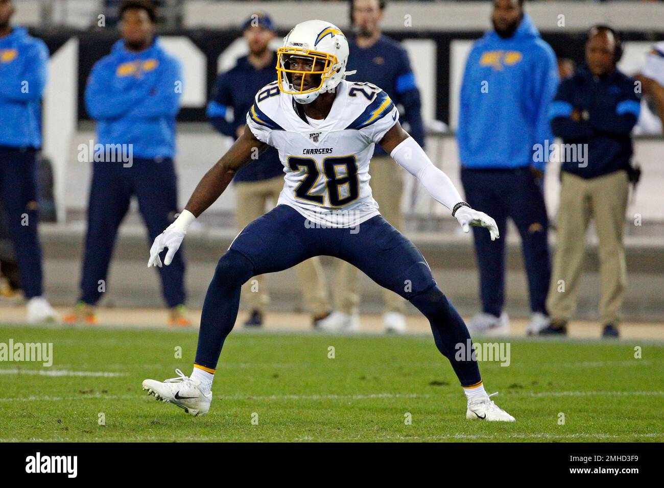 Los Angeles Chargers defensive back Brandon Facyson covers a play against  the Jacksonville Jaguars during the second half of an NFL football game,  Sunday, Dec. 8, 2019, in Jacksonville, Fla. (AP Photo/Stephen