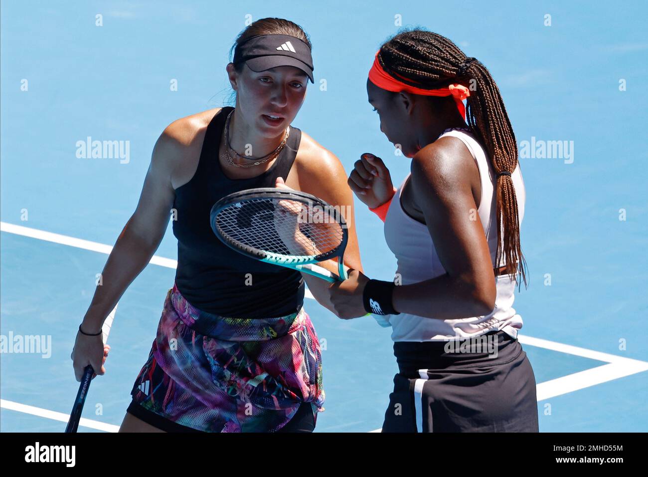 Coco Gauff, right, and Jessica Pegula of the U.S. talk in the women's
