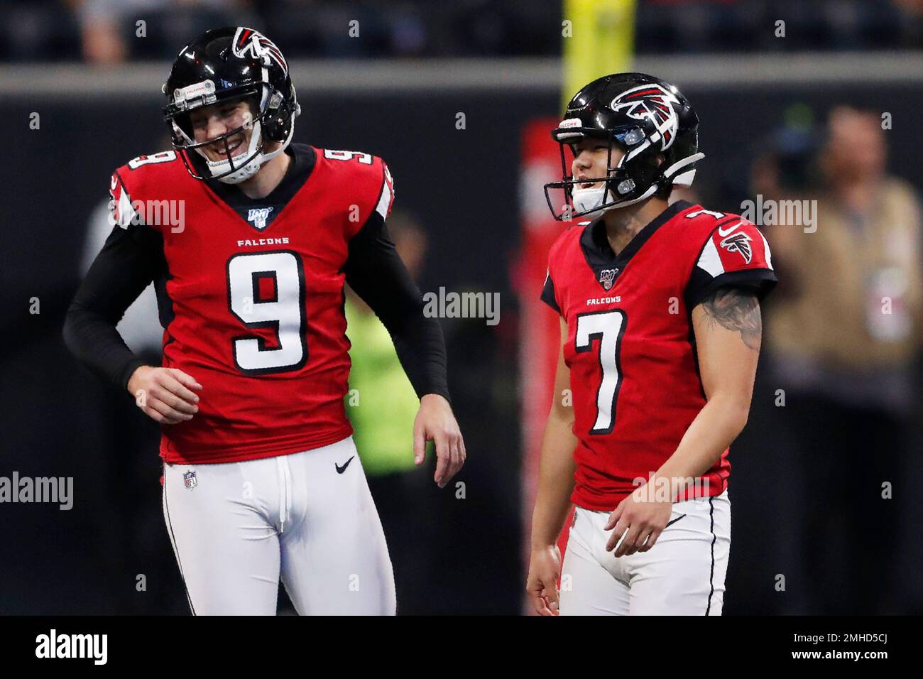 Atlanta Falcons kicker Younghoe Koo (7) celebrates his field goal with Atlanta  Falcons punter Ryan Allen (9) during the second half of an NFL football  game against the Carolina Panthers, Sunday, Dec.
