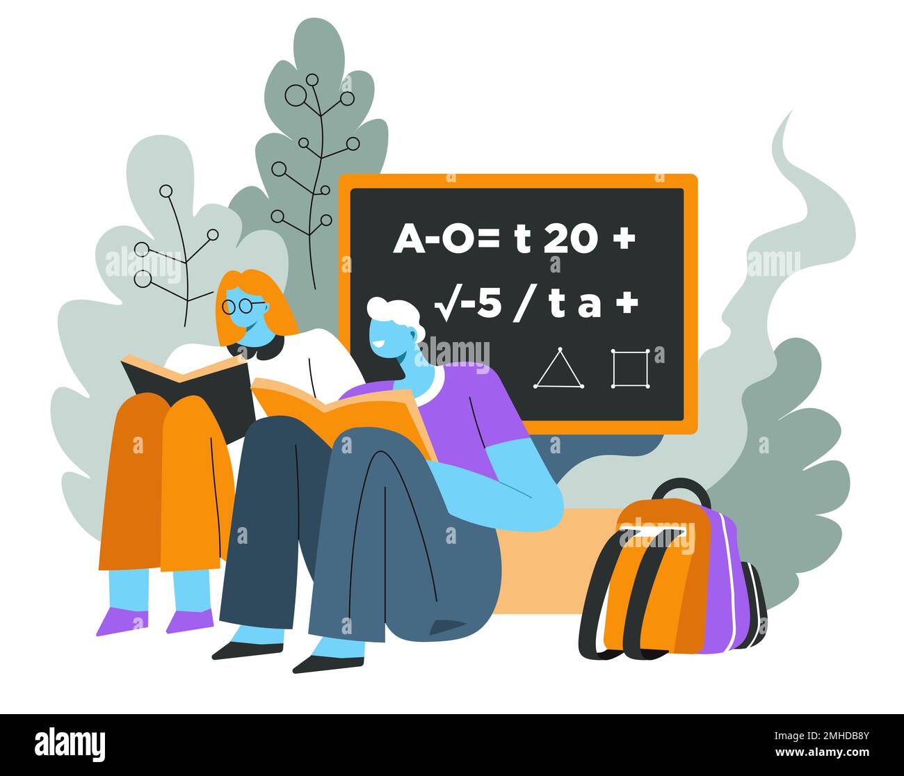 Chalkboard and textbooks, school children reading books, education