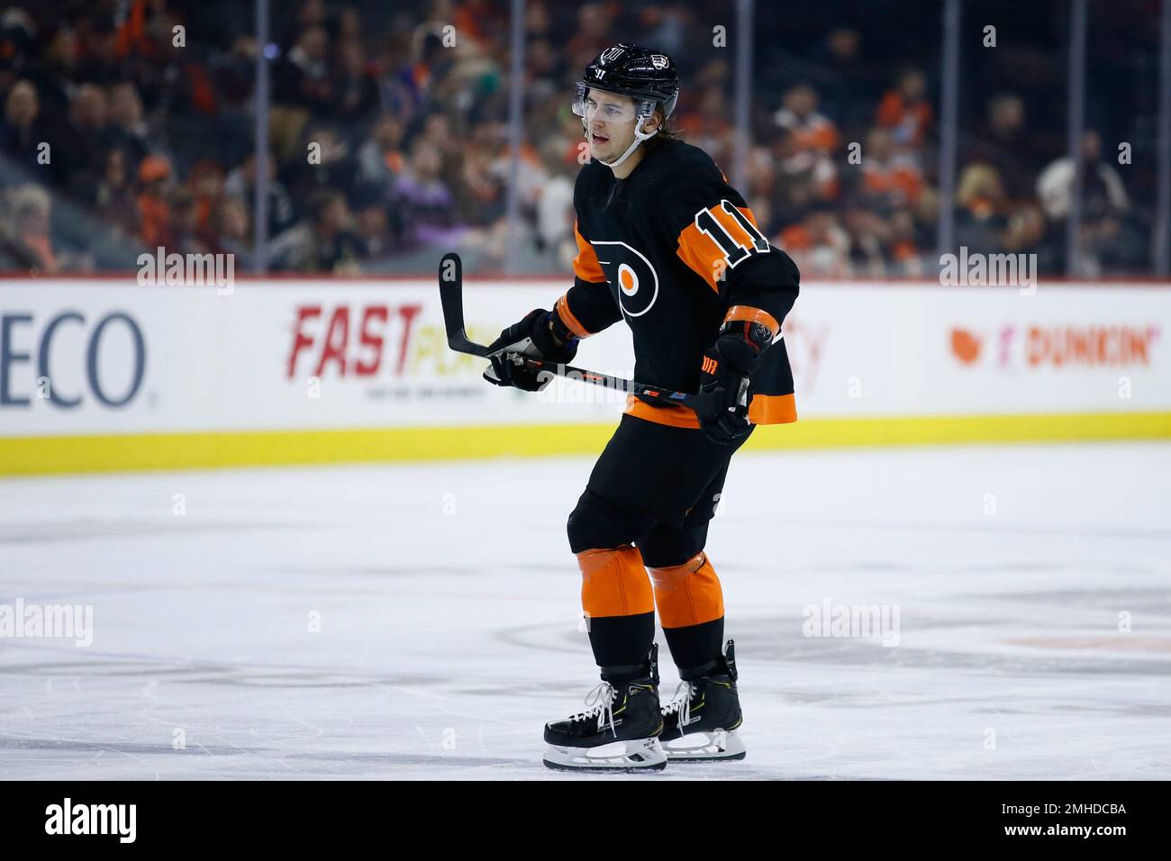 Philadelphia Flyers' Travis Konecny in action during an NHL Stadium Series  hockey game against the Pittsburgh Penguins at Lincoln Financial Field,  Saturday, Feb. 23, 2019, in Philadelphia. (AP Photo/Matt Slocum Stock Photo  
