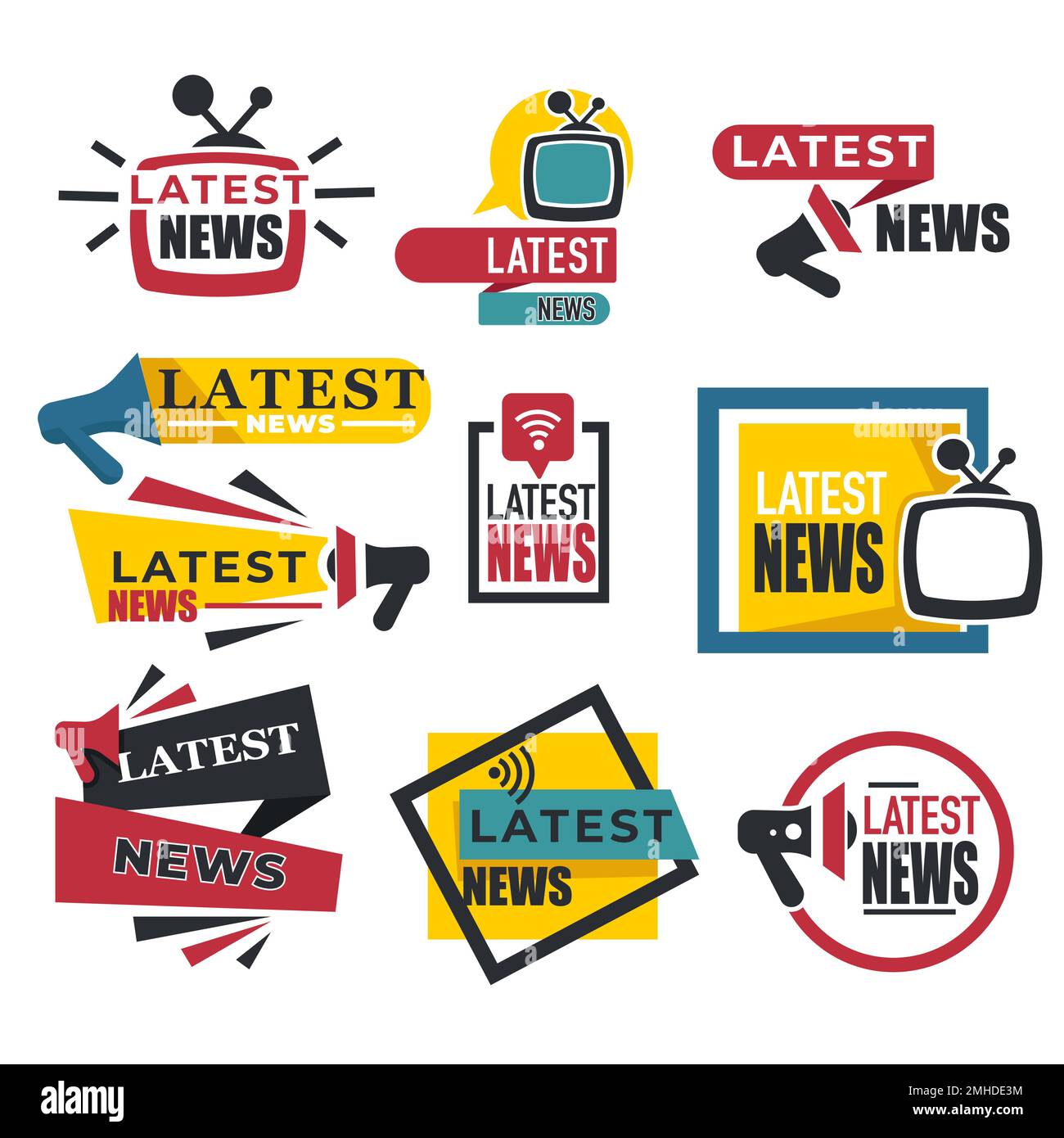 Latest news isolated icons, TV and radio broadcast Stock Vector Image