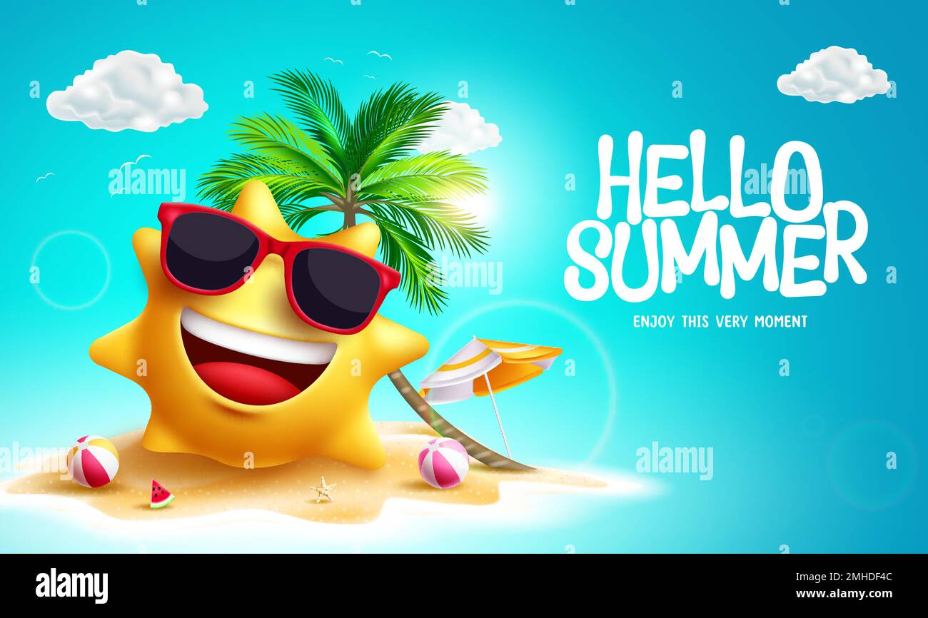 Hello summer vector design. Summer text with sun character smiling in beach sand island. Vector illustration tropical season background. Stock Vector