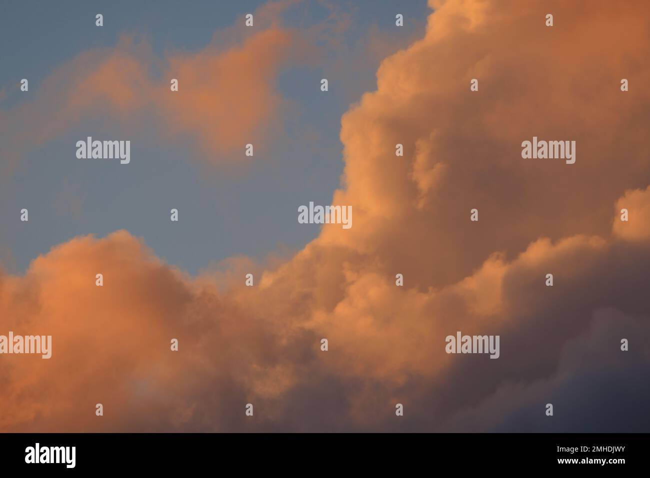 Fluffy pink clouds billow in early morning light Stock Photo