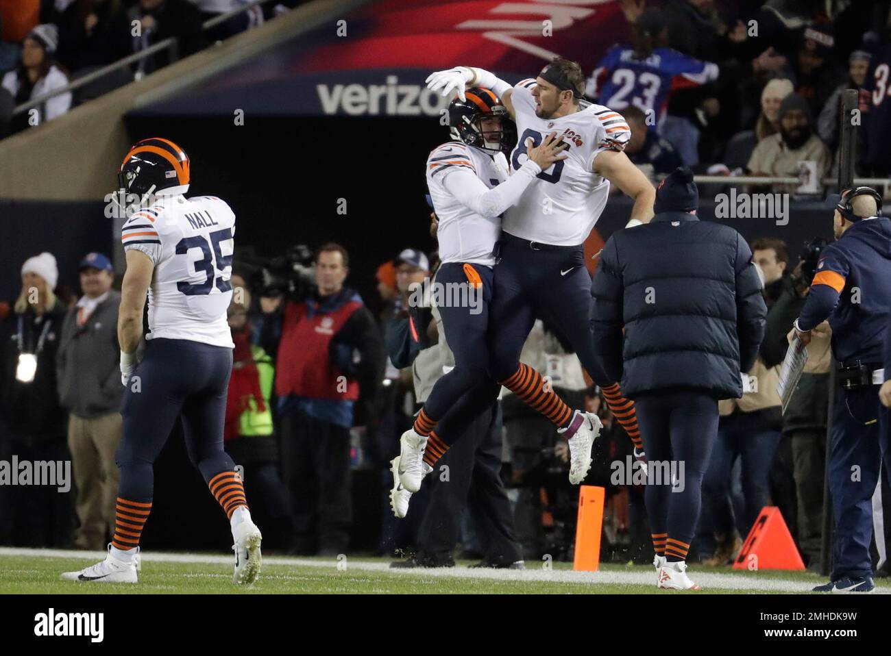 Chicago Bears quarterback Mitch Trubisky (10) celebrates with fans