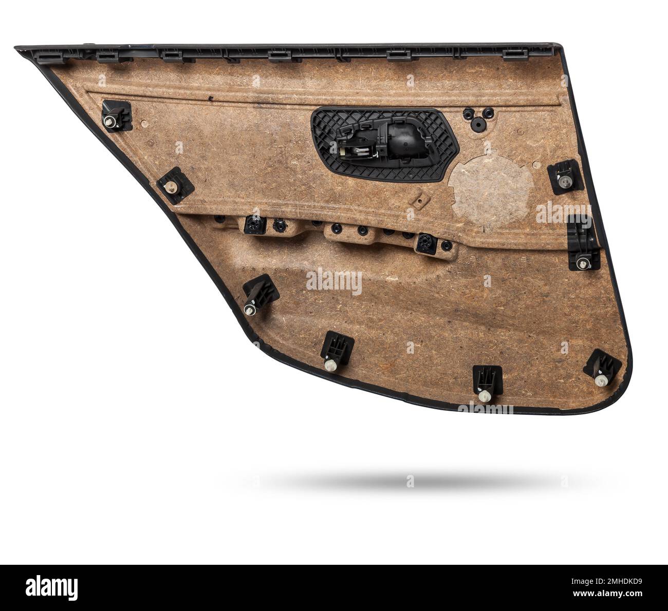 Car door trim with black fabric upholstery on a white isolated