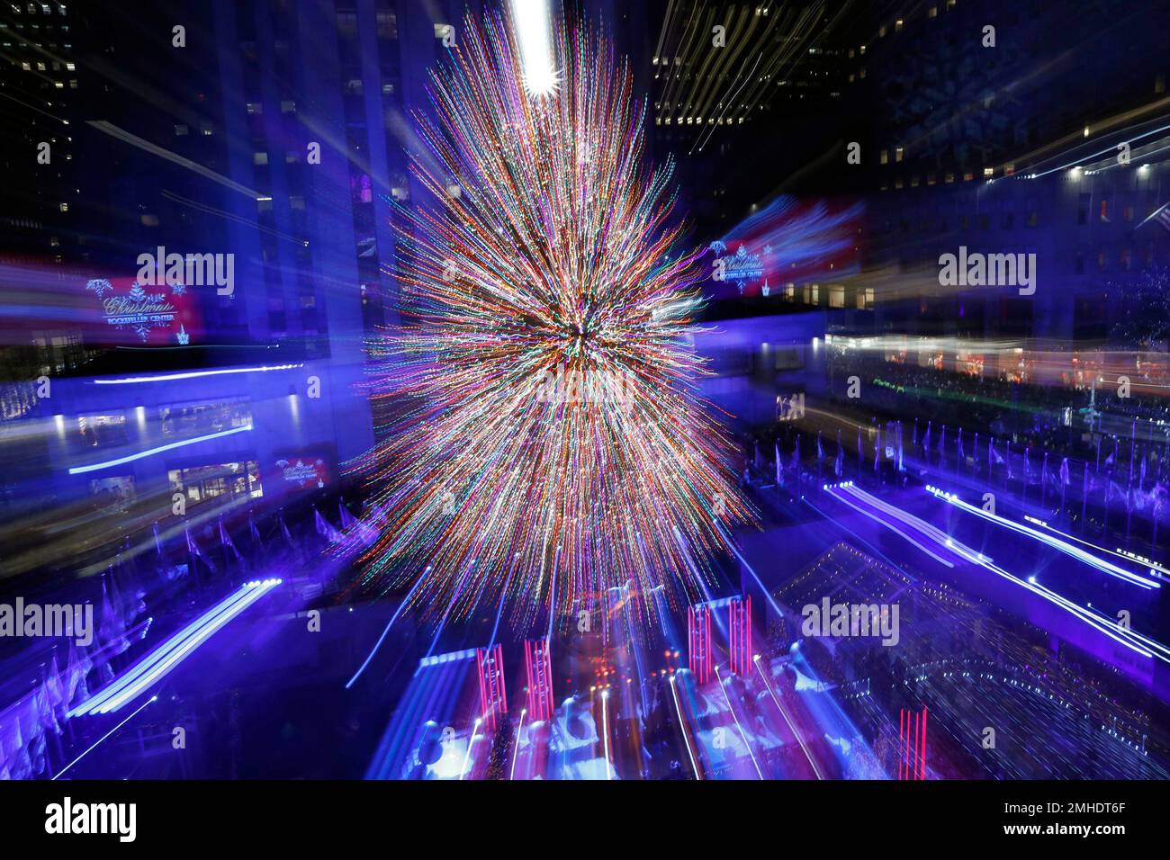 The Rockefeller Center Christmas Tree is shown in a time exposure in