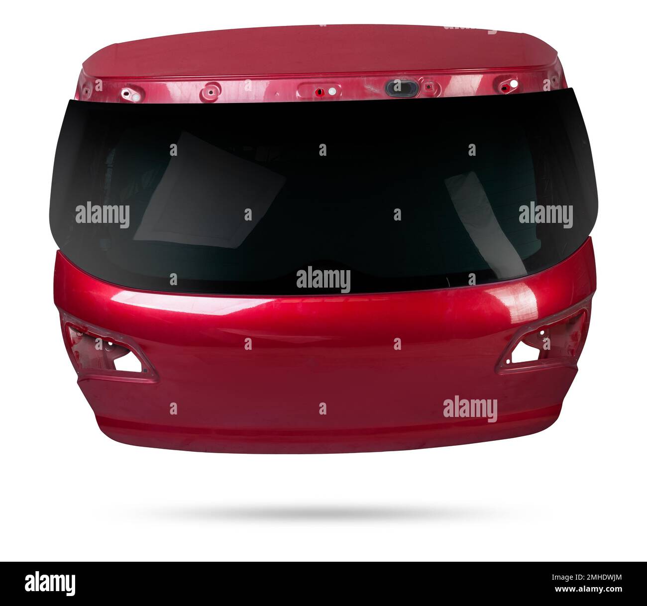 Red metallic boot lid reverse side with stiffeners on a white isolated background with a nameplate for installation on a car after an accident. Spare Stock Photo