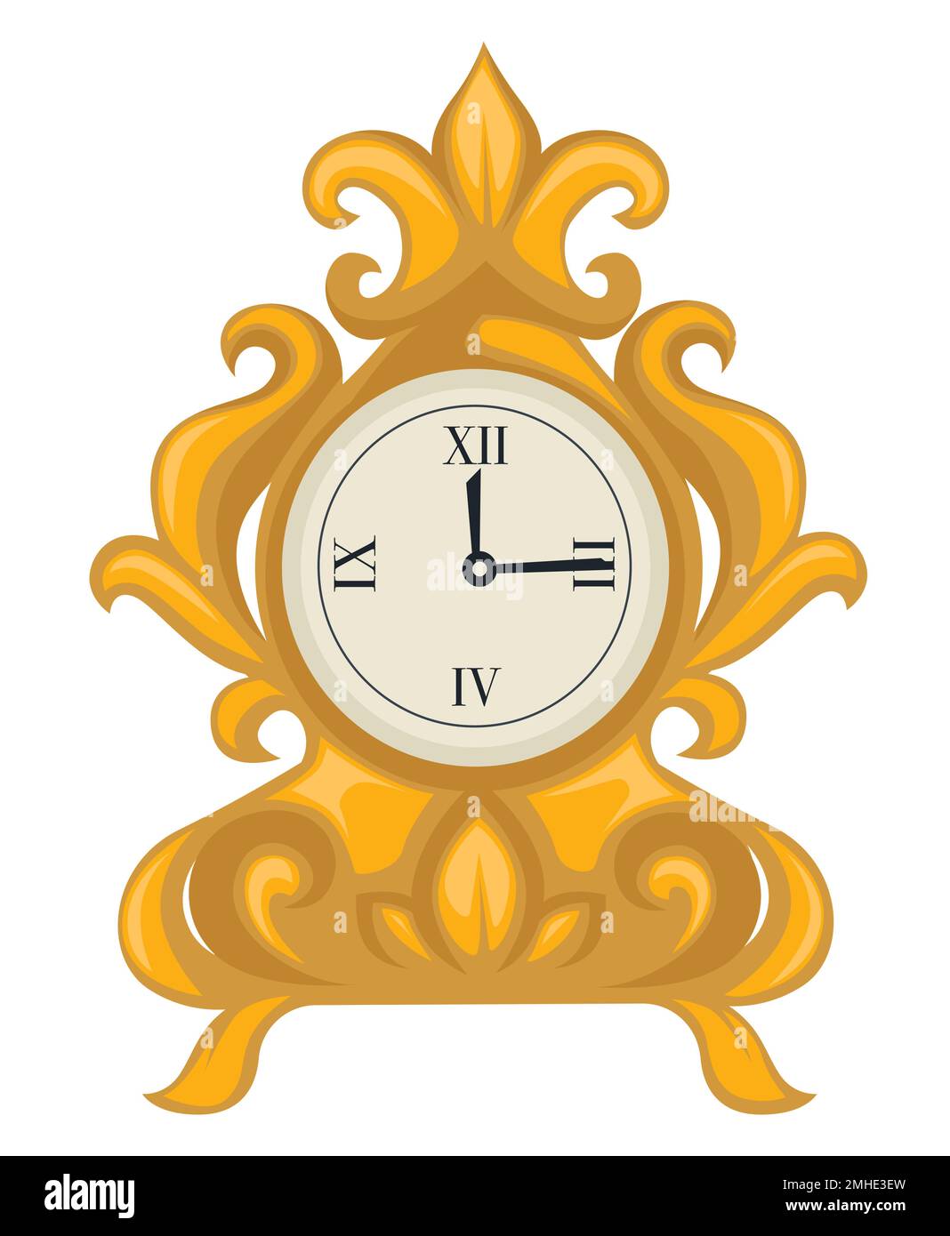Golden clock in Baroque style, dial with hands isolated object Stock Vector