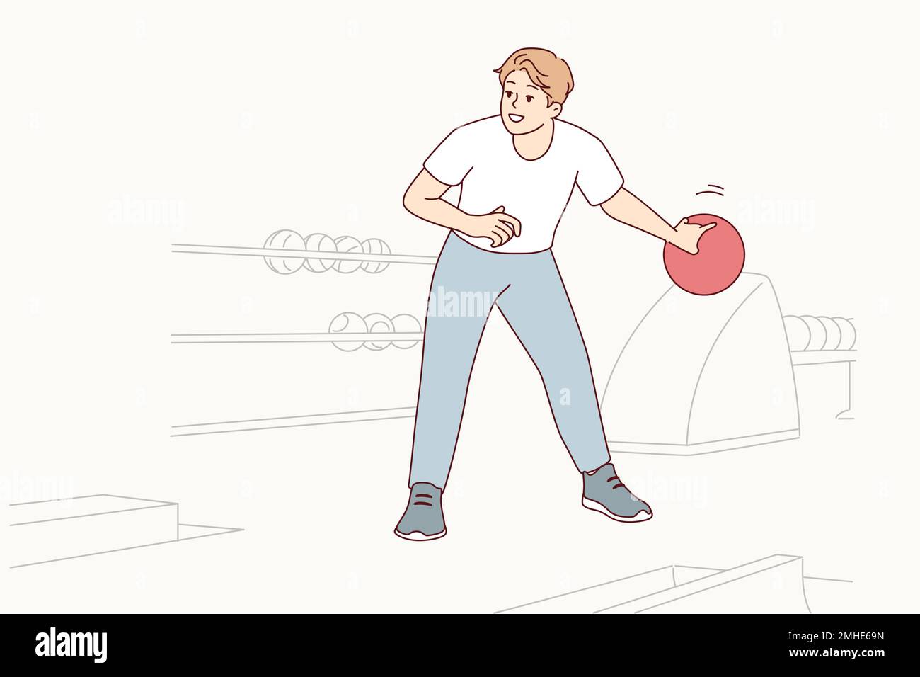 Man playing bowling swings hand to make great throw and knock down all pins. Guy with ball enjoys game of bowling competing with friends during Friday break after work. Flat vector design  Stock Vector
