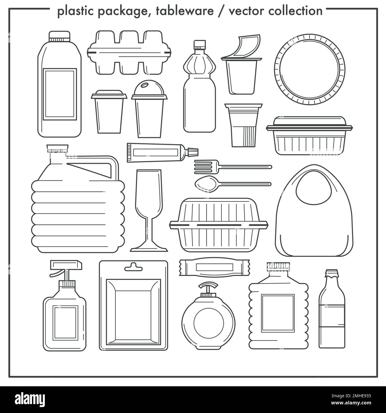 Plastic packaging, disposable tableware isolated outline icons vector